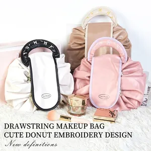 Portable Drawstring Makeup Bag PU Leather Large Capacity Waterproof Cosmetic Storage Pouch Travel Toiletry Organizer Women