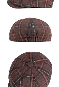Detailed multi-angle view of brown plaid wool octagonal cap with vintage texture