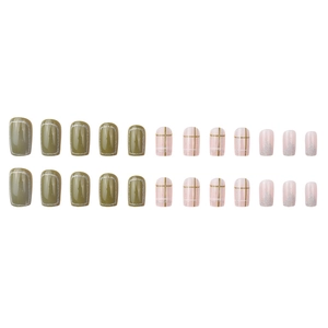 French tip press-on nails set with olive green plaid and silver glitter designs