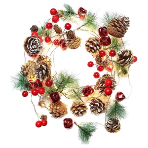 Christmas garland string lights with red berries, pine cones and warm LED copper wire