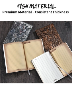 Detail showing 3D embossed dragon cover texture and lined pages on the vintage notebook