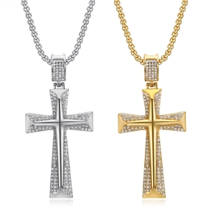 Collier Pendentif Croix en Acier Inoxydable Hip Hop avec Strass pour Hommes Femmes Bijoux Streetwear Or Argent
