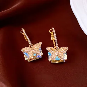 Butterfly Pendant Earrings With Silver Earring Post Copper Rectangular Crystal Cubic Zirconia Luxury Fashion