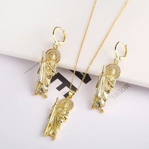 Gold Saint Jude jewelry set with micro-inlaid zircon necklace and matching earrings