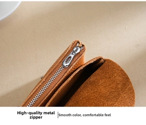Detailed macro of silver metal zipper and brown lychee grain leather on a small coin purse