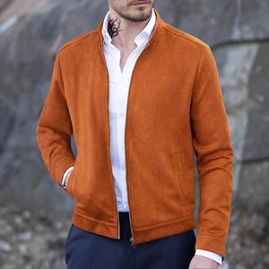 Men's rust red slim fit suede jacket with stand collar and gold zipper closure