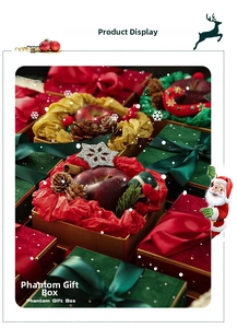 Close-up of festive Christmas gift boxes with red apples, pine cones and silk ribbons