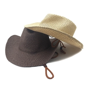 Straw Cowboy Hat Western Style Wide Brim Sun Protection Paper Braid With Adjustable Wind Rope Summer Beach Vacation