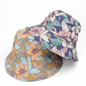 Cappelli a secchiello anti-UV da donna con fiori giallo senape e blu navy e maschera solare