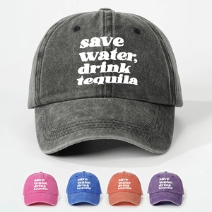 Washed Cotton Baseball Cap Save Water Drink Tequila Slogan Print Distressed Adjustable Vintage Casual Outdoor Sun Hat
