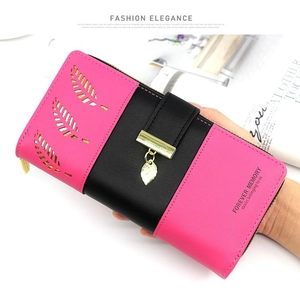Elegant long PU leather wallet with pink and black patchwork and leaf pendant charm
