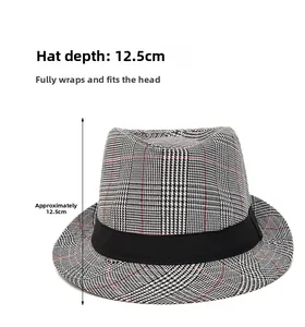Detail view of plaid jazz hat showing 12.5cm deep crown height and houndstooth pattern