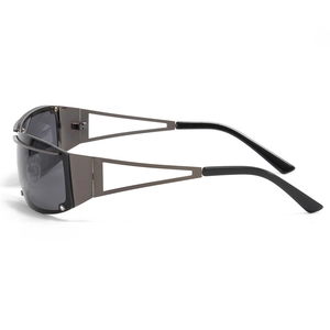 Y2K sporty sunglasses with gunmetal hollow frame and dark grey wraparound lenses