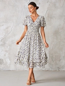 Floral V-neck midi dress with tiered ruffle sleeves and elastic high waist in white