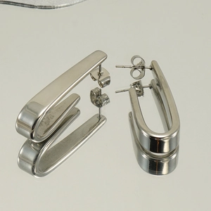 Polished silver stainless steel U-shaped hoop earrings with reflective mirror effect