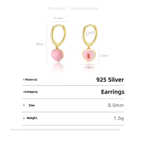 Detailed size chart for S925 sterling silver hoop earrings with pink heart charms