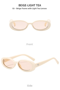 Dettaglio occhiali da sole ovali beige con lenti tè chiaro e logo in metallo sulle aste