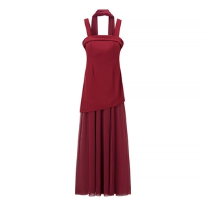 Elegant sleeveless dark red backless maxi dress with high slit and layered chiffon fabric