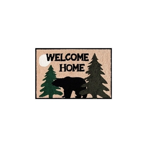 Paillasson rectangulaire Welcome Home avec ours noir et pins sur fond beige neutre