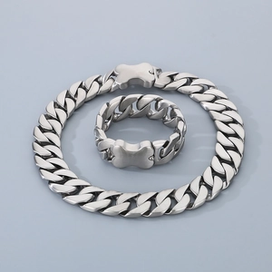 Detailed close-up of Cuban link chain set with unique dog bone shaped metal clasp