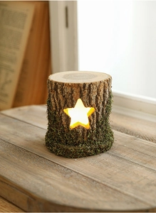 Close-up of rustic wooden star lamp with natural tree bark texture and green moss details