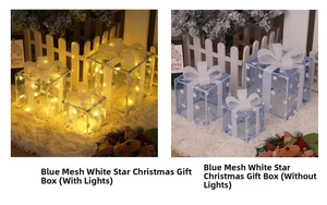 Detail of blue mesh Christmas gift boxes with white stars and warm LED lights