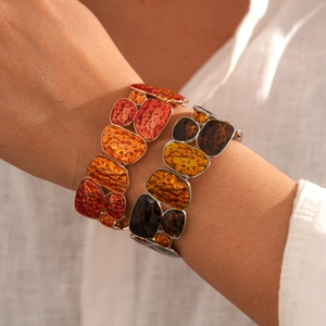 Irregular Geometric Stitching Elastic Bracelet Alloy Resin Hammered Retro Vintage Maillard Wide Bangle Jewelry For Women
