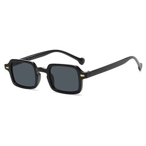 Retro black rectangular sunglasses with golden metal accents and round-tip temples
