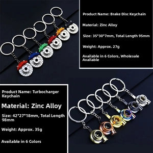 Detail view of zinc alloy car brake disc and turbocharger keychains with dimensions
