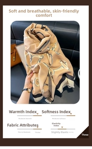 Detail of khaki cashmere-feel scarf featuring horsebit pattern and fringe edges