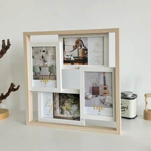 3D minimalist collage wooden photo frame for four 4x6 inch pictures in light wood finish
