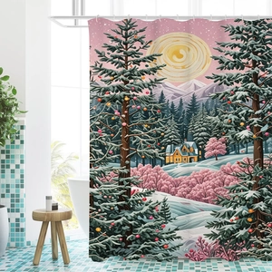Tenda da doccia artistica con paesaggio invernale, baita innevata e alberi ghiacciati