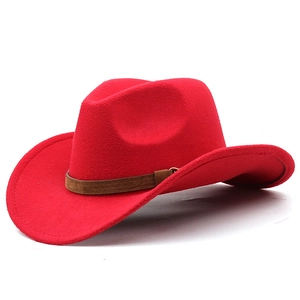 Classic red wool felt western cowboy hat with a brown leather strap and metal buckle