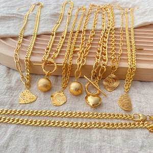 Retro Chunky Chain Necklace Gold Plated Copper Link Figaro OT Clasp Heart Ball Pendant For Women Fashion Jewelry