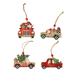 Set of four wooden Christmas car ornaments with festive printing and red beads