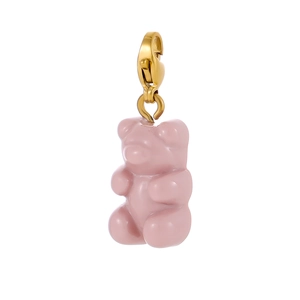 Detail of pink resin gummy bear pendant with shiny gold-plated lobster clasp