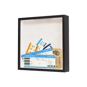 Square black wooden shadow box for travel tickets and memorabilia with deep interior frame