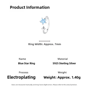 Detail specifications of S925 silver blue star ring showing 1.40g weight and 7mm width