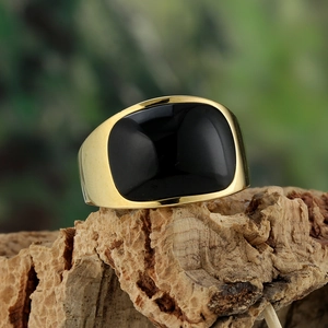 Men Signet Ring Gold Plated Stainless Steel Inlaid Faux Cat Eye Stone Geometric Vintage Punk Style Fashion Jewelry