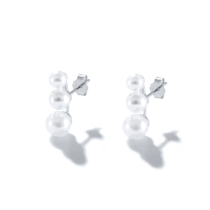 Detailed view of S925 sterling silver earrings with three gradient white pearls