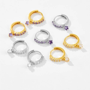 S925 sterling silver star hoop earrings with purple and white zircon crystals