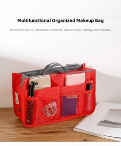 Detail view of red nylon organizer insert featuring multiple storage compartments and mesh pockets