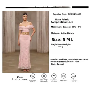 Detail of pink knitted lace fabric texture and off-shoulder design on two-piece set