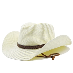Straw cowboy hat for women with leather band and adjustable chin strap in cream beige