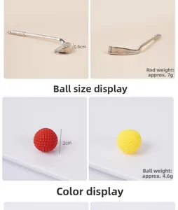 Detailed view of mini metal golf club head and colorful balls with size specifications