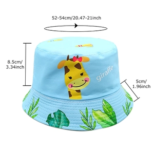 Kids blue bucket hat with giraffe print and dimensions of 52-54cm head circumference