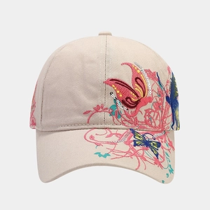Beige baseball cap with sequin butterfly embroidery and floral patterns for women