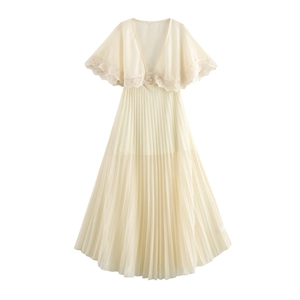 Abito Lungo Elegante Da Donna In Pizzo Scollo A V Plissettato Chiffon Maniche A Mantella Stile Francese Romantico
