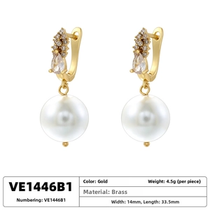 Detailed specs of luxury gold brass pearl earrings with cubic zirconia droplets