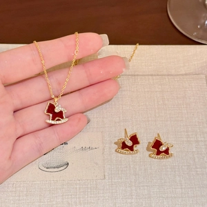 18K gold plated zircon pony necklace and earrings set with red enamel detailing
